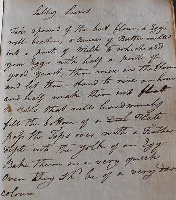 Miss Windsor's Delectables - recipe for Sally Luns - from the Begbrook Kitchen Library - antique, Georgian, handwritten, cookery book - from Begbrook House, Frenchay, Bristol, England