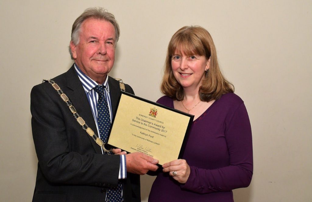 Miss windsor's Delectables - Celebrates Somerset Day - 2018 - Bishops Lydeard. Kathy Ford receives an award from William Wallace!