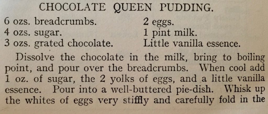 Chocolate Queen Pudding - Radiation Cookery Book