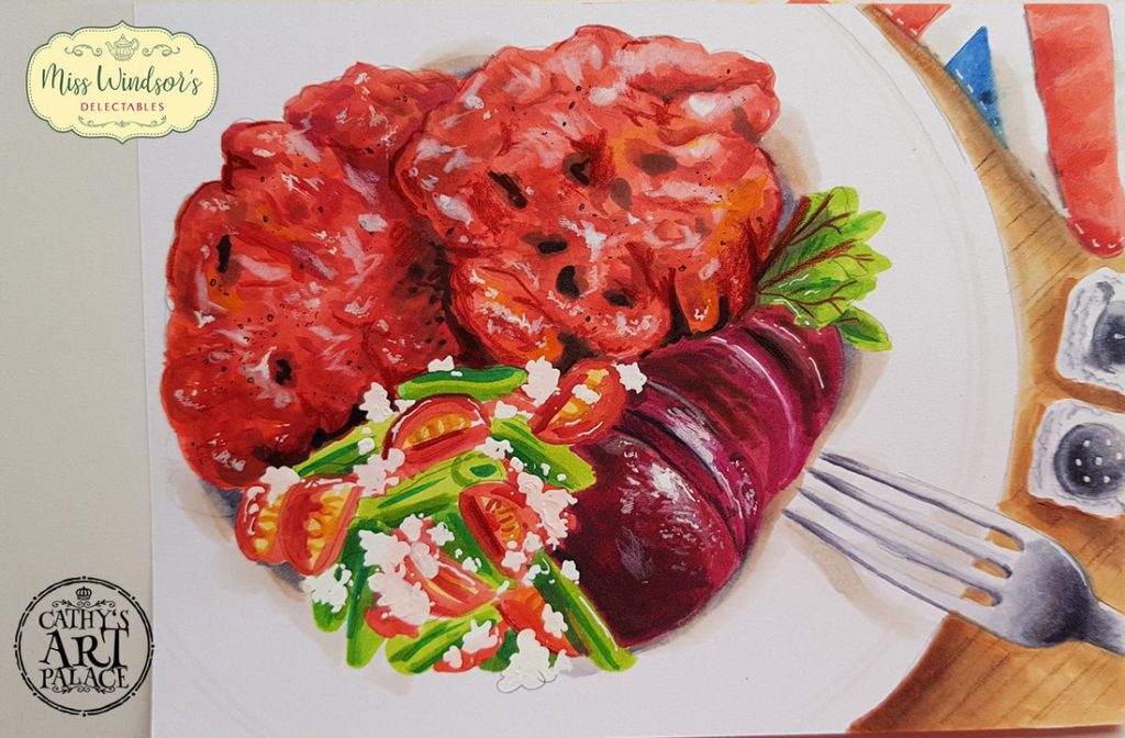 Illustration by Cathy's Art Palace - Miss Windsor's Wartime Beetroot & Green Bean Fritters!