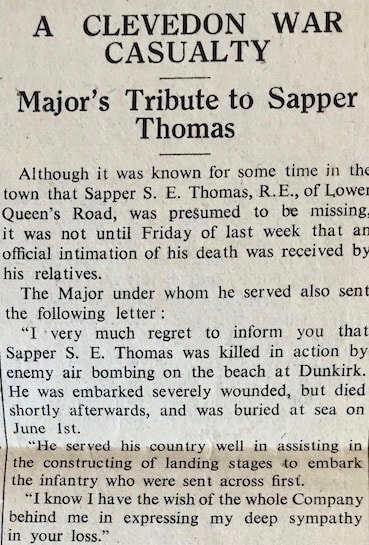 Major's Tribute to Sapper - Stanley Ewart Thomas.