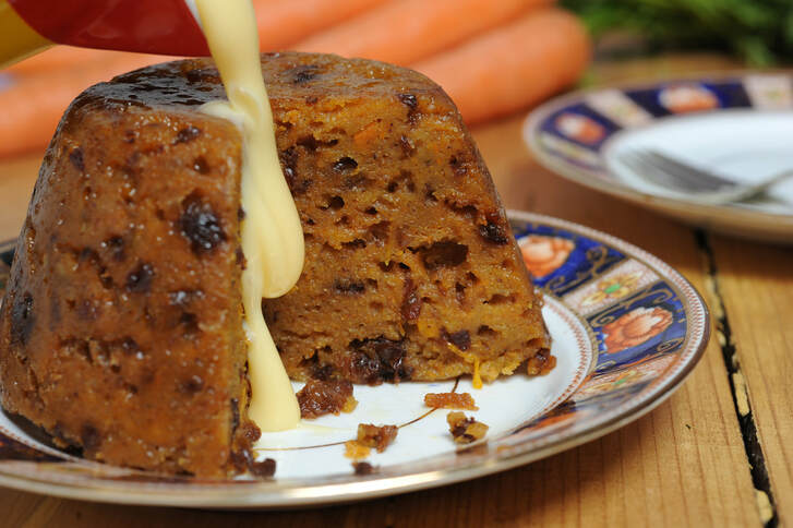 Darlings, fancy a chunk of Mrs Beeton's Spicy Suet Carrot Pudding drenched in Birds custard?